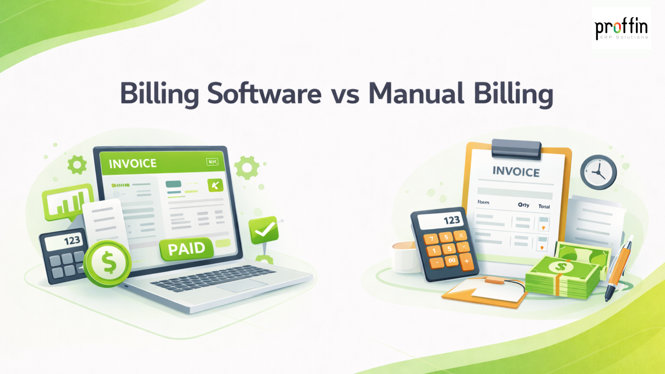 Proffin dashboard showing billing software in UAE interface with real-time sales tracking.<br />
Using the best mobile accounting app India on a smartphone to generate professional digital invoices.<br />
Infographic comparing manual billing errors vs the best online billing software in India accuracy.<br />
Encrypted cloud accounting software Saudi Arabia server icon representing financial data security.